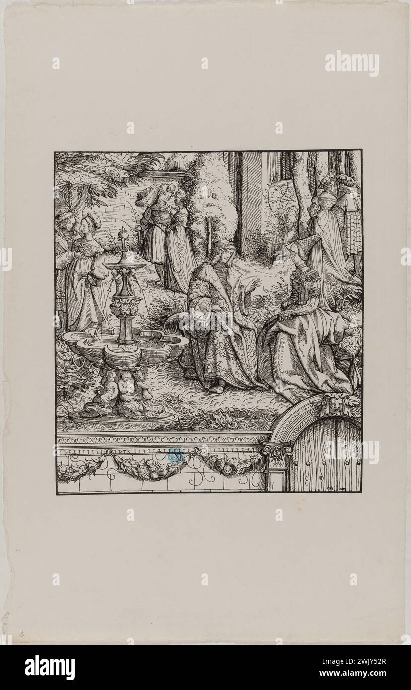 Hans Burgkmair, known as the old (1473-1531). Der Weisse Koenig: Maximilien and Marie de Bourgogne seated near a fountain (Dornik-Eger 29). Xylography, 1512-1519. Museum of Fine Arts of the City of Paris, Petit Palais. Drawing, duchess, Germanic emperor, portrait, engraving Stock Photo
