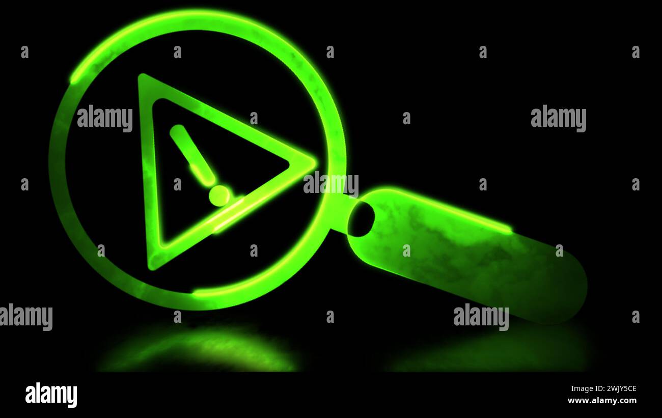 Glowing neon frame effect magnifying glass icon search warning symbol ...