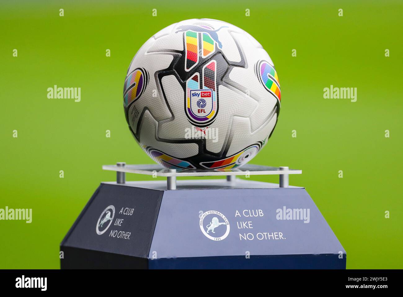 London, UK. 17th Feb, 2024. EFL PUMA White-multi colour rainbow matchball during the Millwall FC v Sheffield Wednesday FC sky bet EFL Championship match at The Den, London, England, United Kingdom on 17 February 2024 Credit: Every Second Media/Alamy Live News Stock Photo