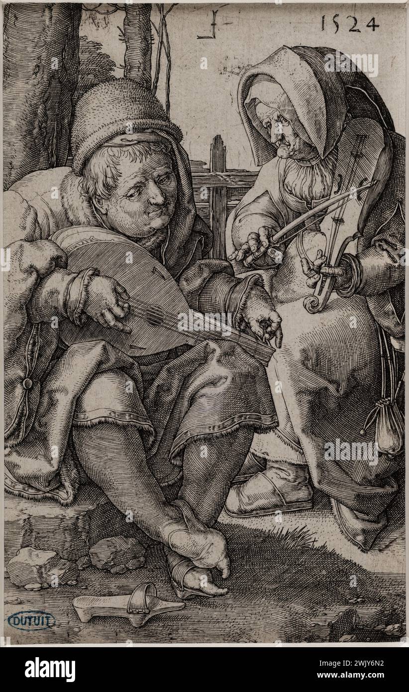 Lucas de Leyde (1494-1533). 'The musicians' - BARTSCH 155. Chisel. 1524. Museum of Fine Arts of the City of Paris, Petit Palais. 73056-55 Crois, Dutch School, Print, Printing in Douce size, String instrument, Music instrument, Playing, Mannerism, Musicians, Art Work, Gender Painting, Person, Gender Scene, VIIIEM VIIIE VIII 8th 8th 8th arrondissement, 16th 16th XVI 16th 16th 16 Center, couple, engraving Stock Photo