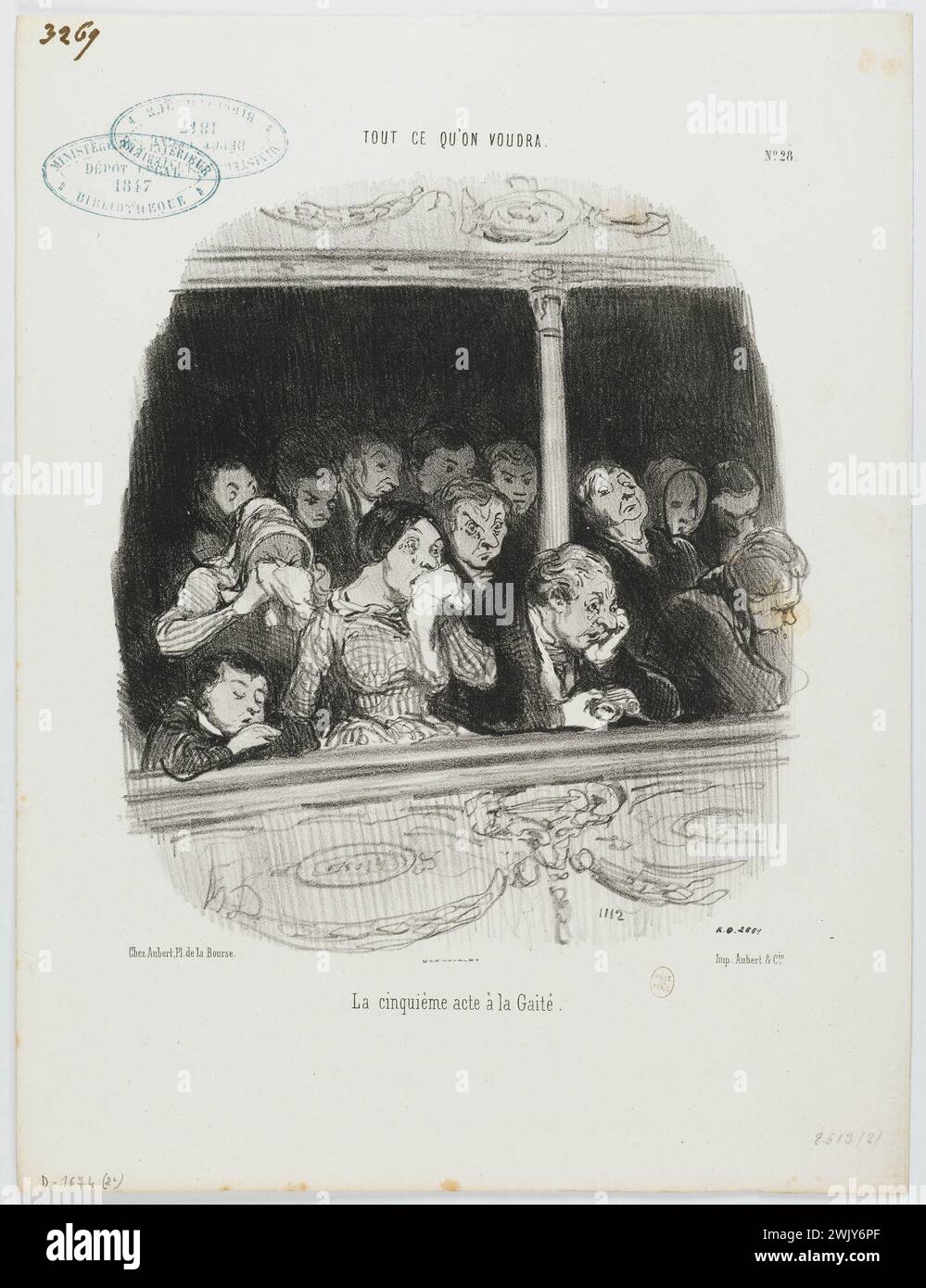 Honoré Daumier (1808-1879). 'Anything we want. The fifth act at La Gaîté (pl.28)'. Black lithography. Paris, Carnavalet museum. 77677-3 Balcony, caricature of manners, emotion, expression, group, person, public, spectator, 19th 19th 19th 19th 19th 19th 19th century, caricature Stock Photo