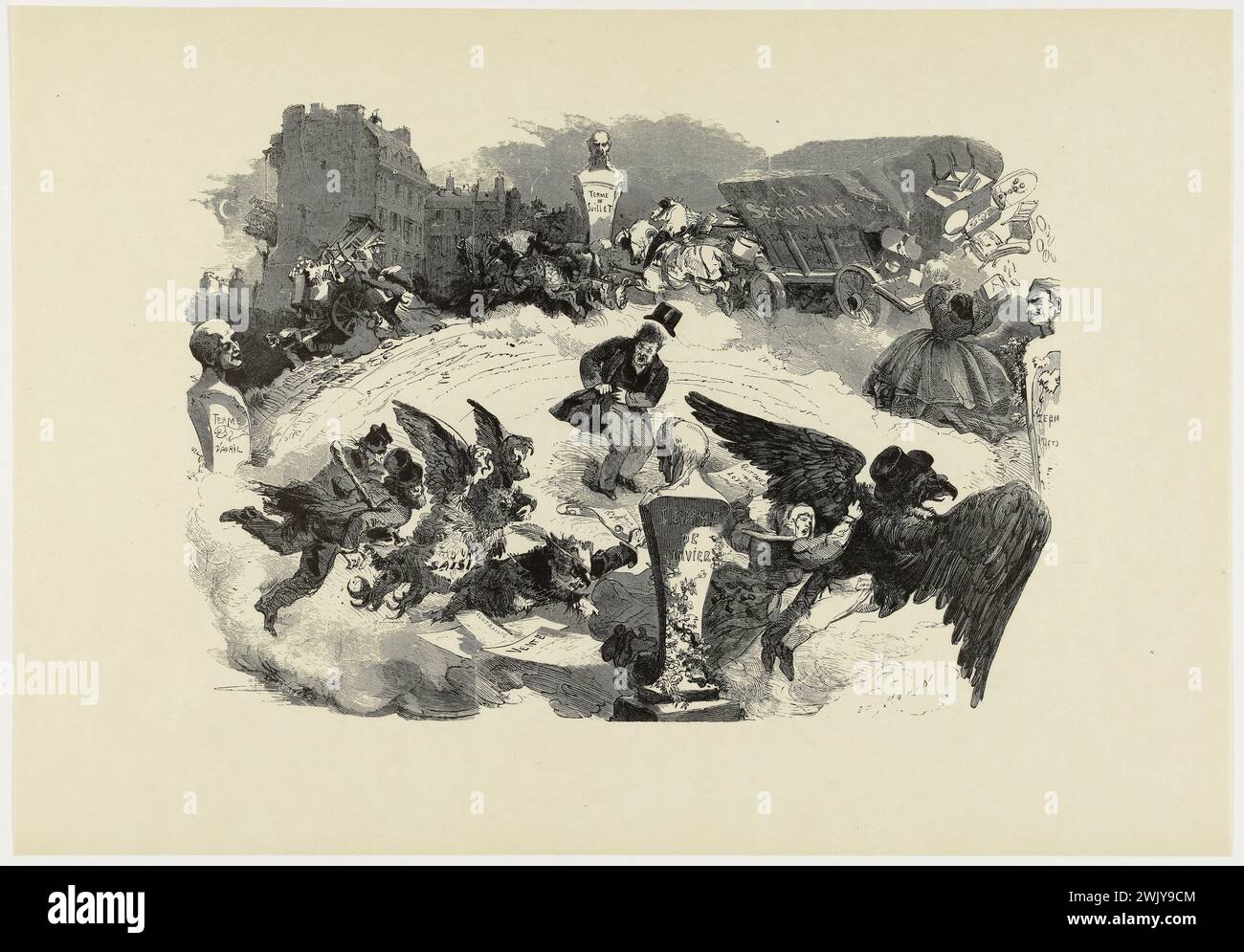 Edmond Morin (1824-1882). 'The term'. Bois, 1861. Museum of Fine Arts of the city of Paris, Petit Palais. Bust, cart, house, February, January, panic, rent receipt, raptor, term, engraving Stock Photo