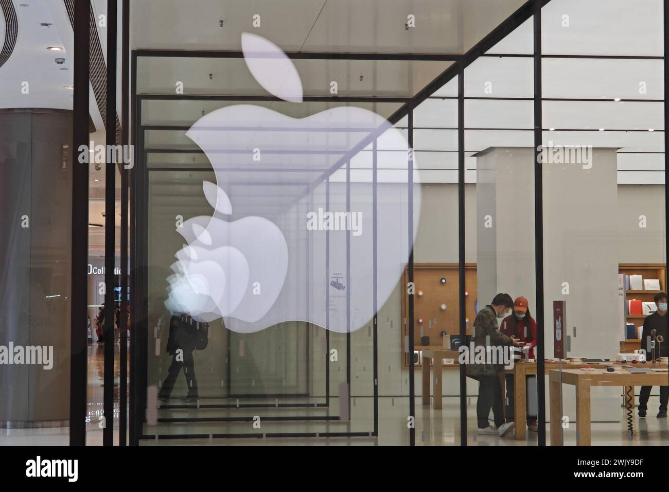 Shanghai, China. 17th Feb, 2024. A reflection of the Apple Inc logo is seen at an Apple store in Shanghai, China, on February 17, 2024. (Photo by Costfoto/NurPhoto) Credit: NurPhoto SRL/Alamy Live News Stock Photo
