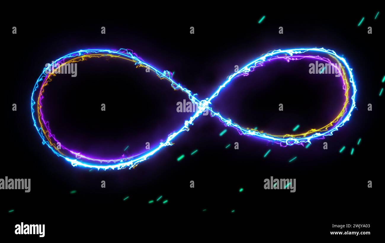 Glowing looping infinity shape neon frame effect, black background ...
