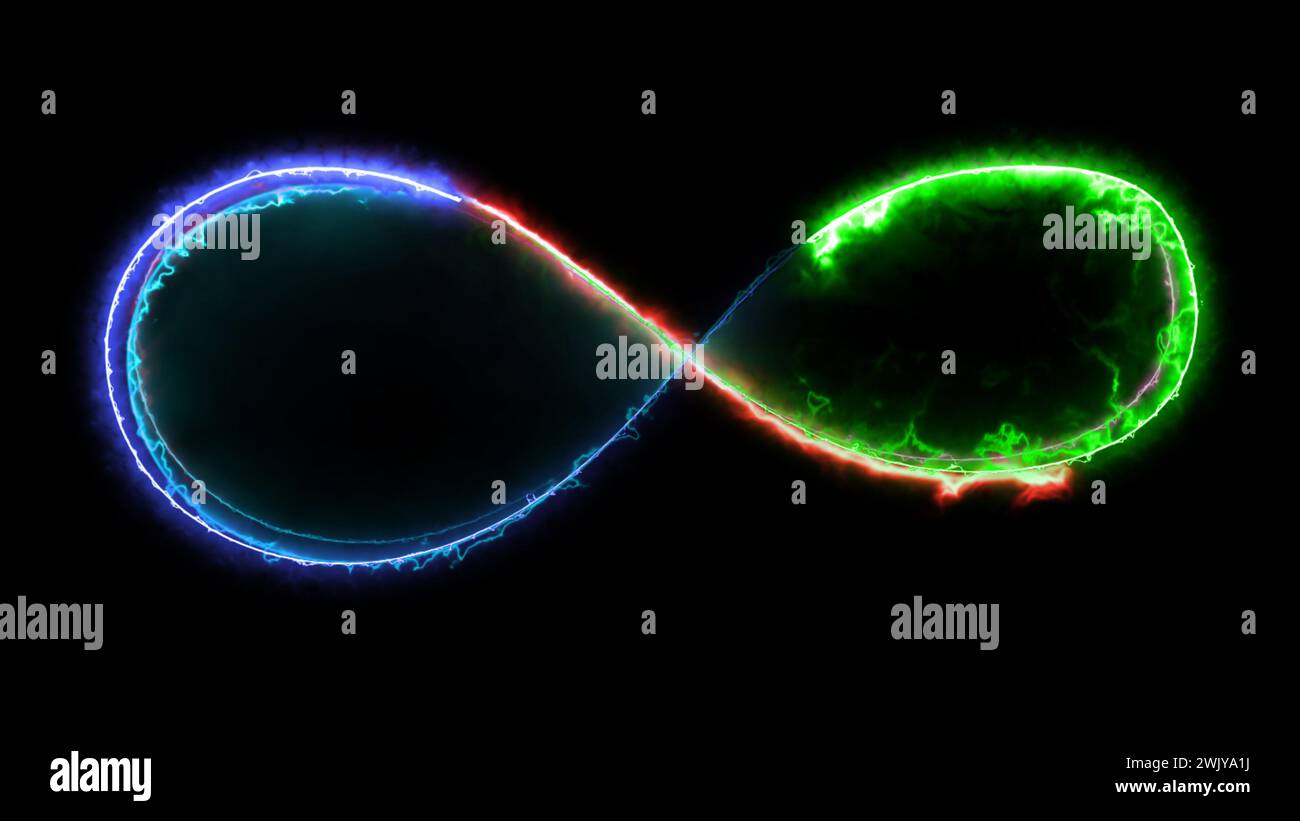 Glowing looping infinity shape neon frame effect, black background ...