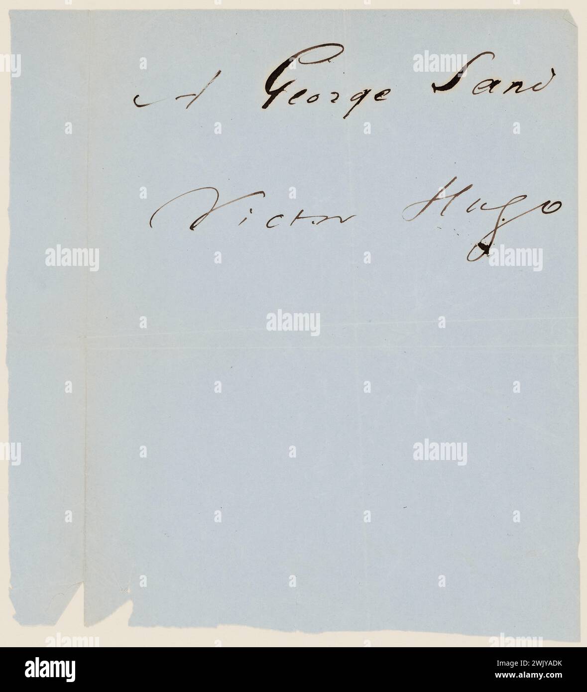 Hugo, Victor (n.1802-02-26-D.1885-05-22), manuscript note (title: A George Sand Victor Hugo) (title given by the author), 1884. Ink on blue paper. Houses of Victor Hugo Paris - Guernsey. Stock Photo