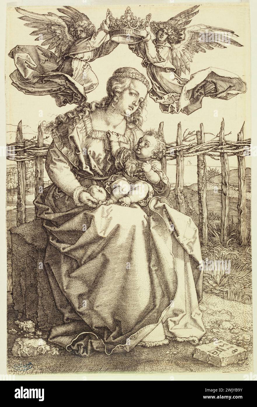 Albrecht Dürer (1471-1528). The Virgin crowned by two angels (Bartsch 39). 1518. Museum of Fine Arts of the city of Paris, Petit Palais. 77214-1 Chretian art, religious art, bible, Christianity, biblical character, holy character, biblical rear, Christian religion, renaissance, biblical scene, religious scene, life Christ, 16th XVI 16th 16th 16th 16 century, engraving Stock Photo