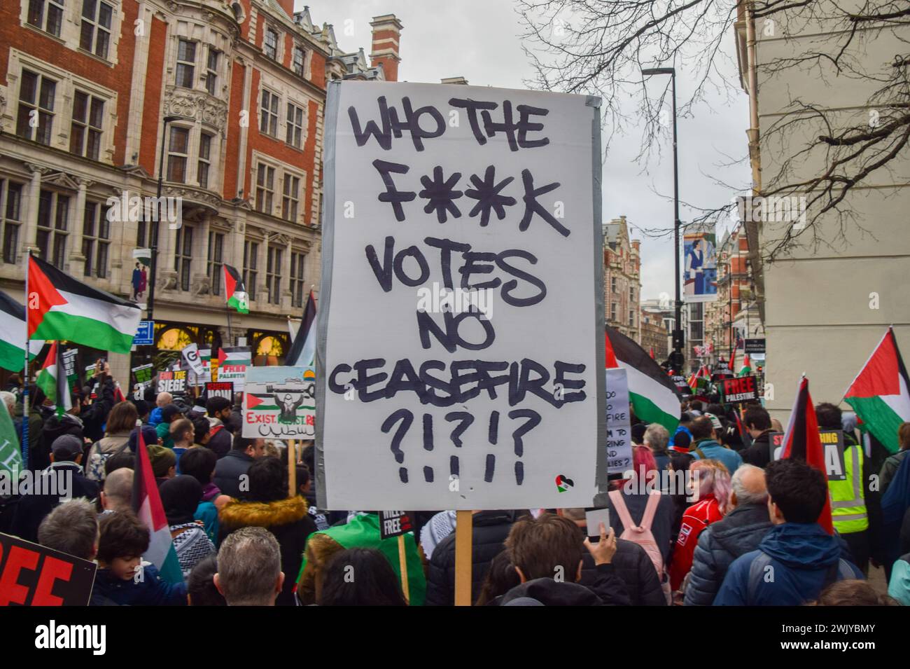 London, UK. 17th February 2024. Protesters in Knightsbridge. Tens of
