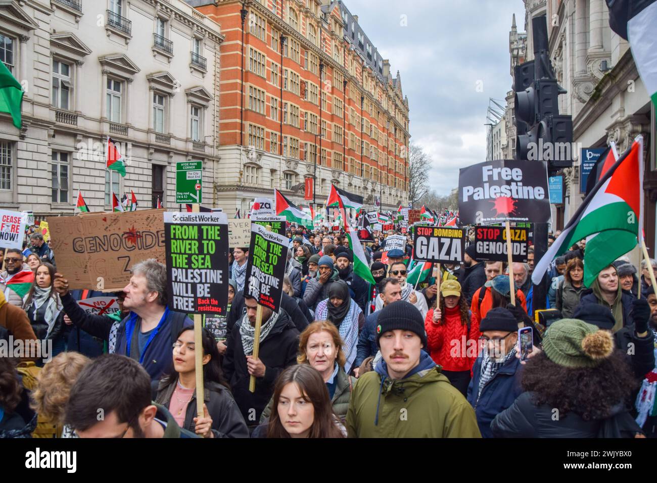 London, UK. 17th February 2024. Protesters in Knightsbridge. Tens of