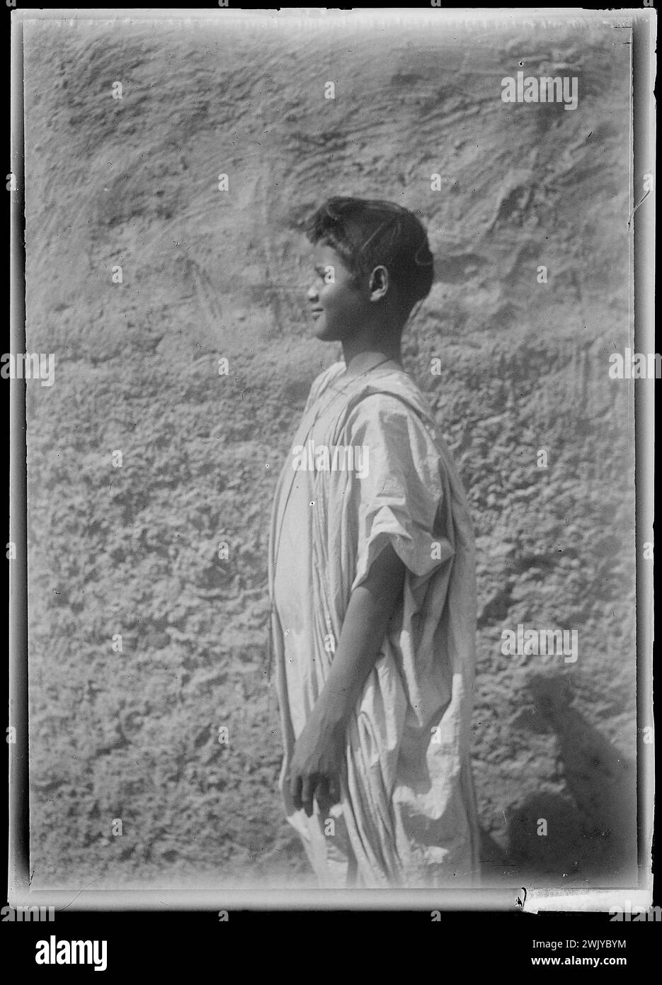 Installation of a young man in profile (common name). Glass photographic plate. Museum of Romantic Life. Stock Photo