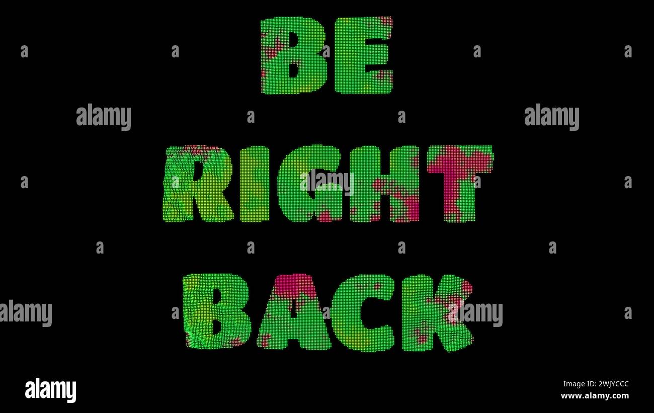 Be right back word letter effect scattered swirling, black background Stock Photo