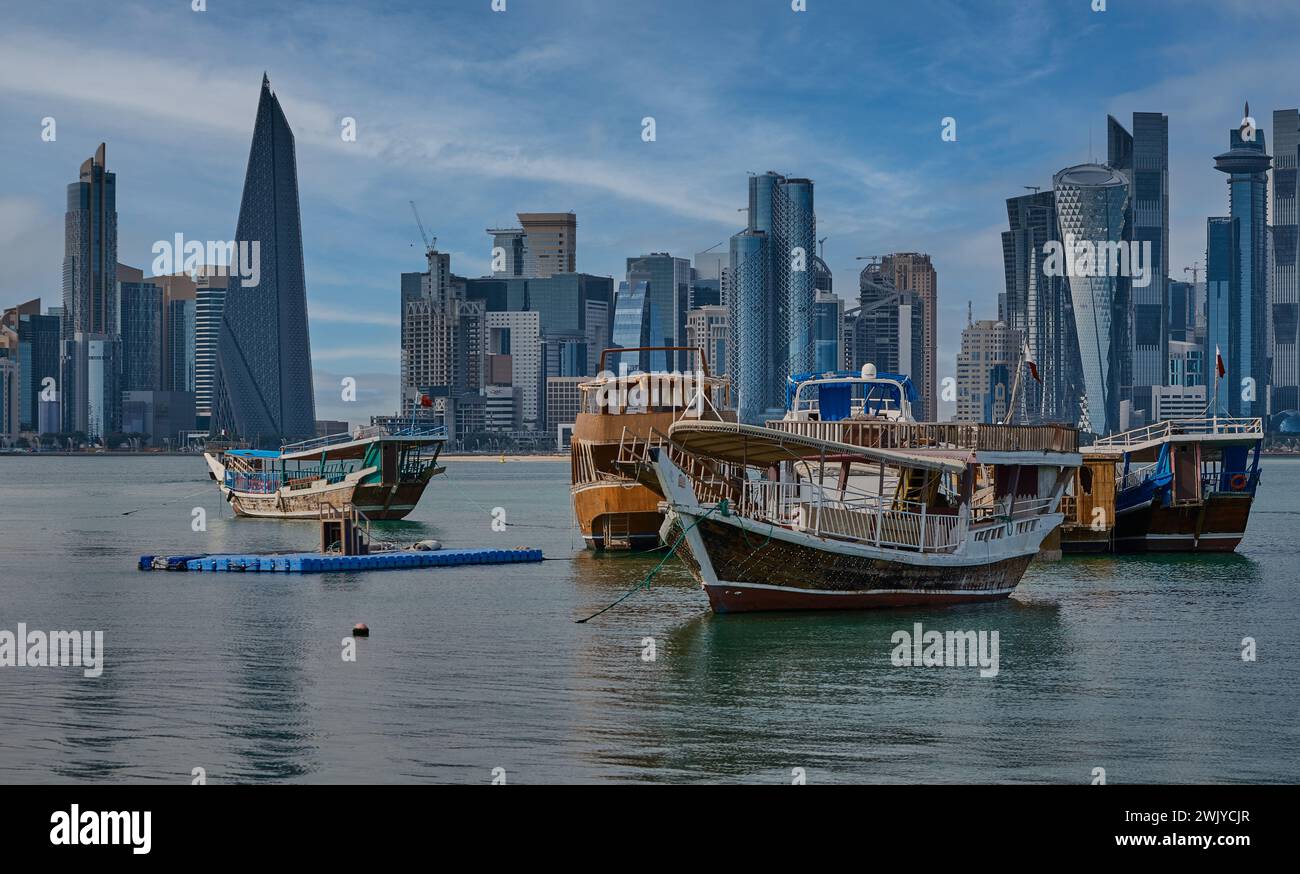 Doha skyline in Doha, Qatar from the Corniche street afternoon shot ...