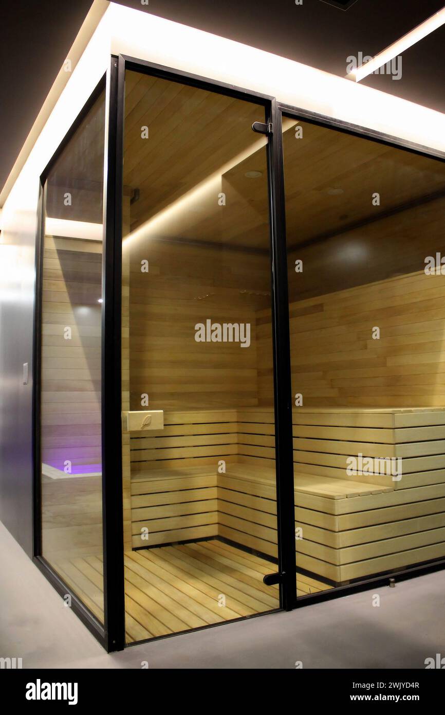 Glass Cabin Of Steam Bath At Spa Area In Modern Hotel Stock Photo