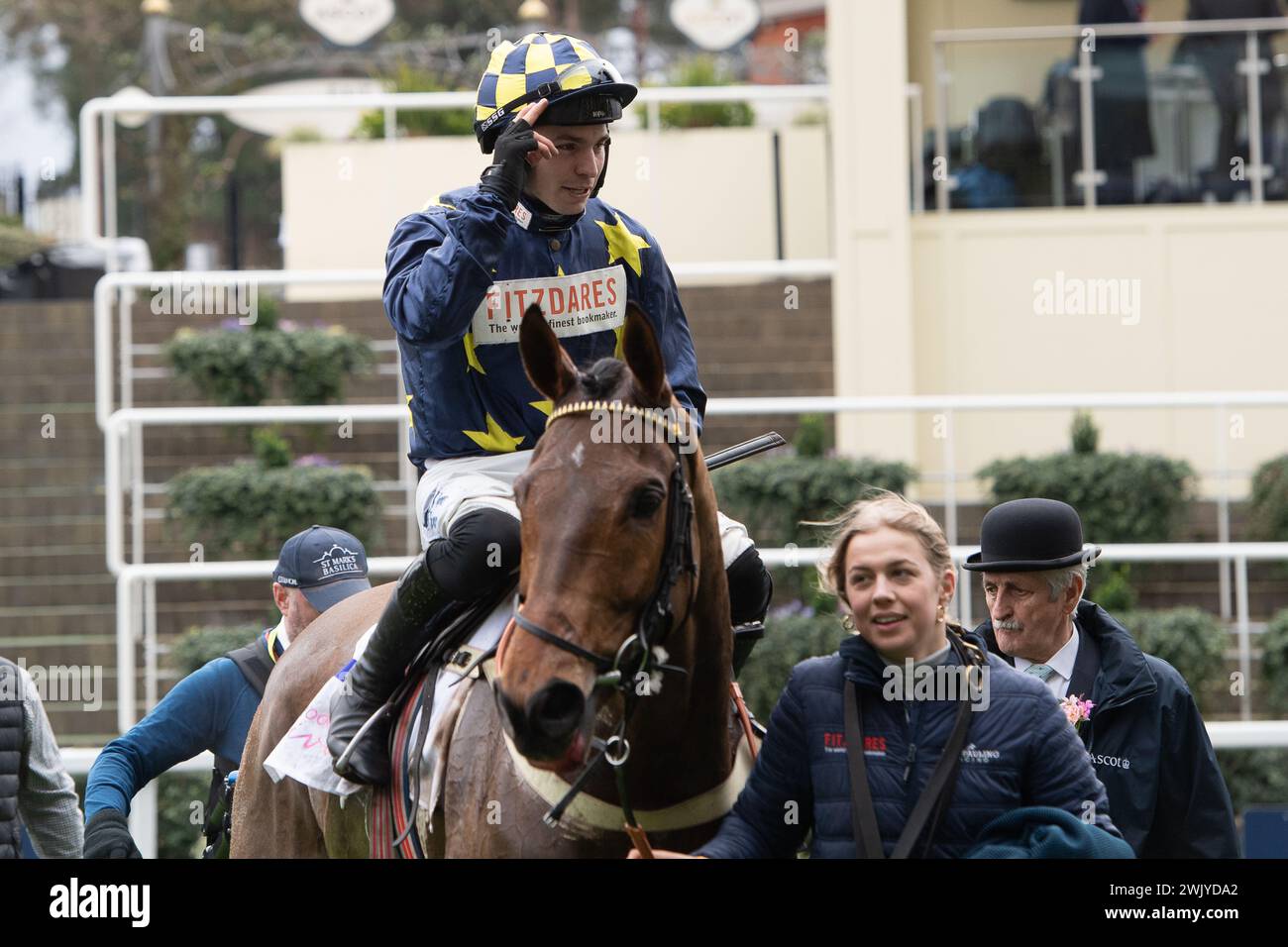 Ascot, UK. 17th February, 2024. Jockey Ben Jones rides horse Henry's ...