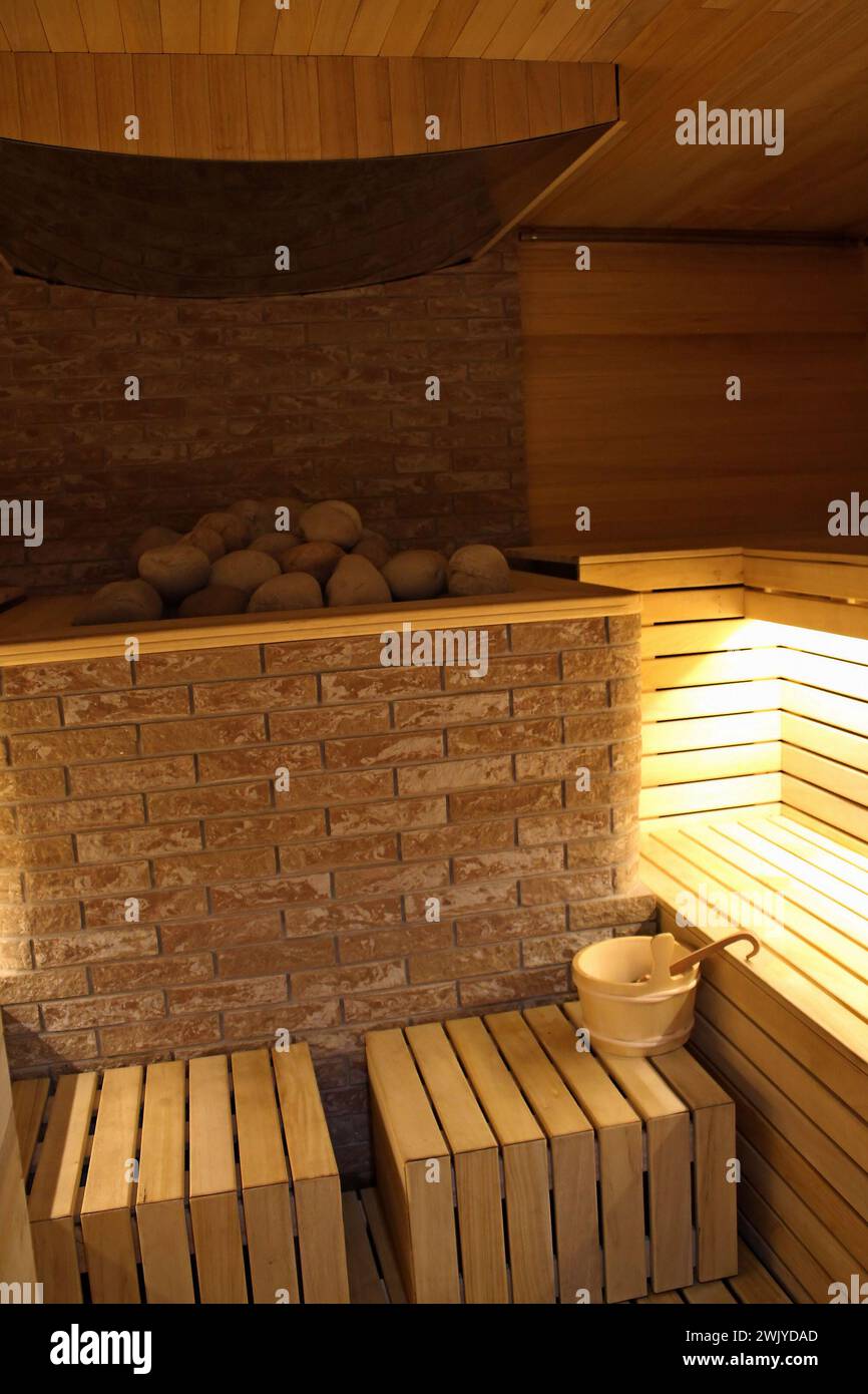 Finland Sauna Wooden Interior Detailed Photo Stock Photo