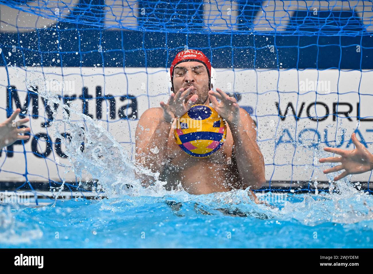 Doha, Qatar. 17th Feb, 2024. Marco del Lungo of Italy saves a goal during the waterpolo men gold match between team Italy (white caps) and team Croatia (blue caps) of the 21st World Aquatics Championships at the Aspire Dome in Doha (Qatar), February 17, 2024. Credit: Insidefoto di andrea staccioli/Alamy Live News Stock Photo