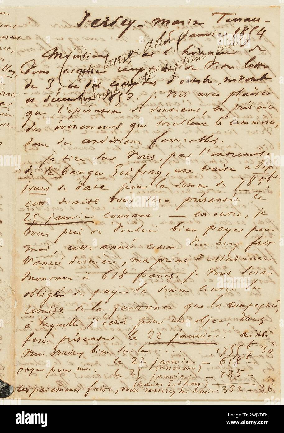 Hugo, Victor (n.1802-02-26-D.1885-05-22), letter from Victor Hugo to Maresq (bookseller) (dummy title), 1854-01-15. Ink on paper. Houses of Victor Hugo Paris - Guernsey. Stock Photo