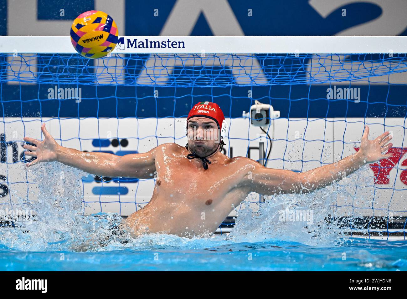 Doha, Qatar. 17th Feb, 2024. Marco del Lungo of Italy saves the goal during the waterpolo men gold match between team Italy (white caps) and team Croatia (blue caps) of the 21st World Aquatics Championships at the Aspire Dome in Doha (Qatar), February 17, 2024. Credit: Insidefoto di andrea staccioli/Alamy Live News Stock Photo