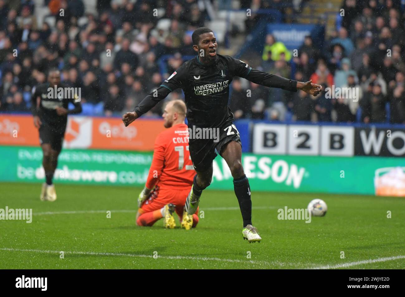 Bolton, England. 17th Feb 2024. Daniel Kanu celebrates after scoring during the Sky Bet EFL League One fixture between Bolton Wanderers and Charlton Athletic. Kyle Andrews/Alamy Live News Stock Photo