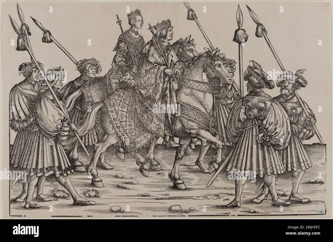 Hans Burgkmair, known as the old (1473-1531). The triumphant procession of the Emperor Maximilien I: procession of a king and a queen in (Dornik-Eger 36, Bartsch 81). Xylography, 1512-1519. Museum of Fine Arts of the City of Paris, Petit Palais. Drawing, emperor, history, illustration, serious board, triumph, 16th 16th XVI 16th 16th 16th century, xylography, engraving Stock Photo