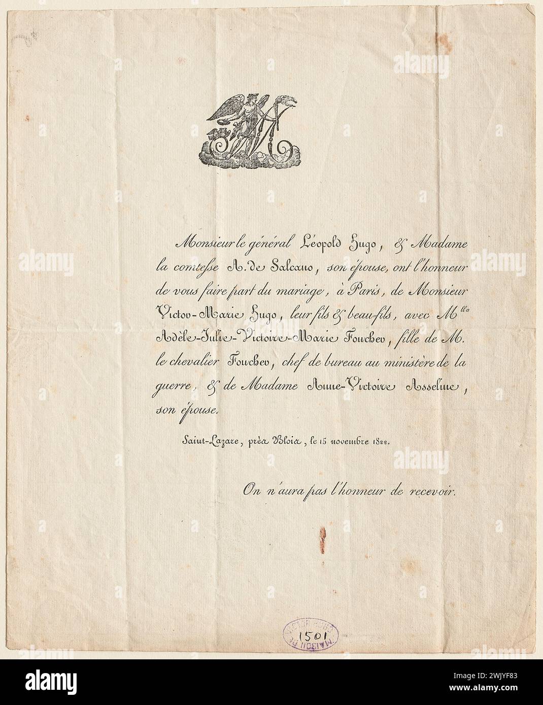 Hugo, Léopold Sigisbert (n.1773-11-15-D.1828-01-29), Wedding announcement of Victor Hugo and Adèle Foucher, sent to Mrs. Vve Martin, 23, rue de Bourgogne (dummy title ), 1822-11-15, typography and ink on paper. Houses of Victor Hugo Paris - Guernsey. Stock Photo