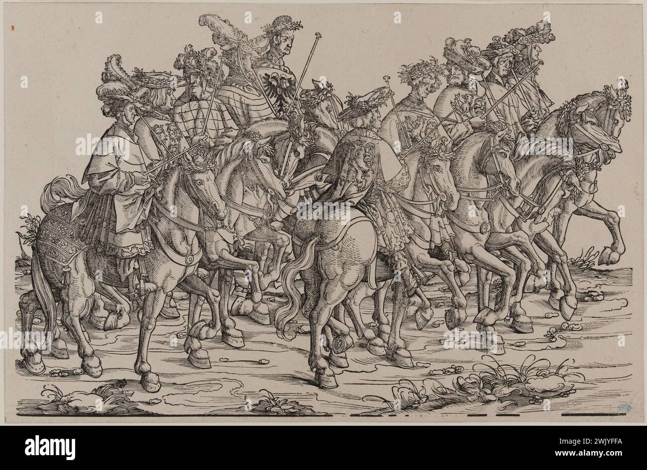 Hans Burgkmair, known as the old (1473-1531). The triumphant procession of the Emperor Maximilien I: Horses on horseback (Dornik-Eger 36, Bartsch 81). Xylography, 1512-1519. Museum of Fine Arts of the City of Paris, Petit Palais. Drawing, emperor, history, illustration, serious board, triumph, 16th 16th XVI 16th 16th 16th century, xylography, engraving Stock Photo