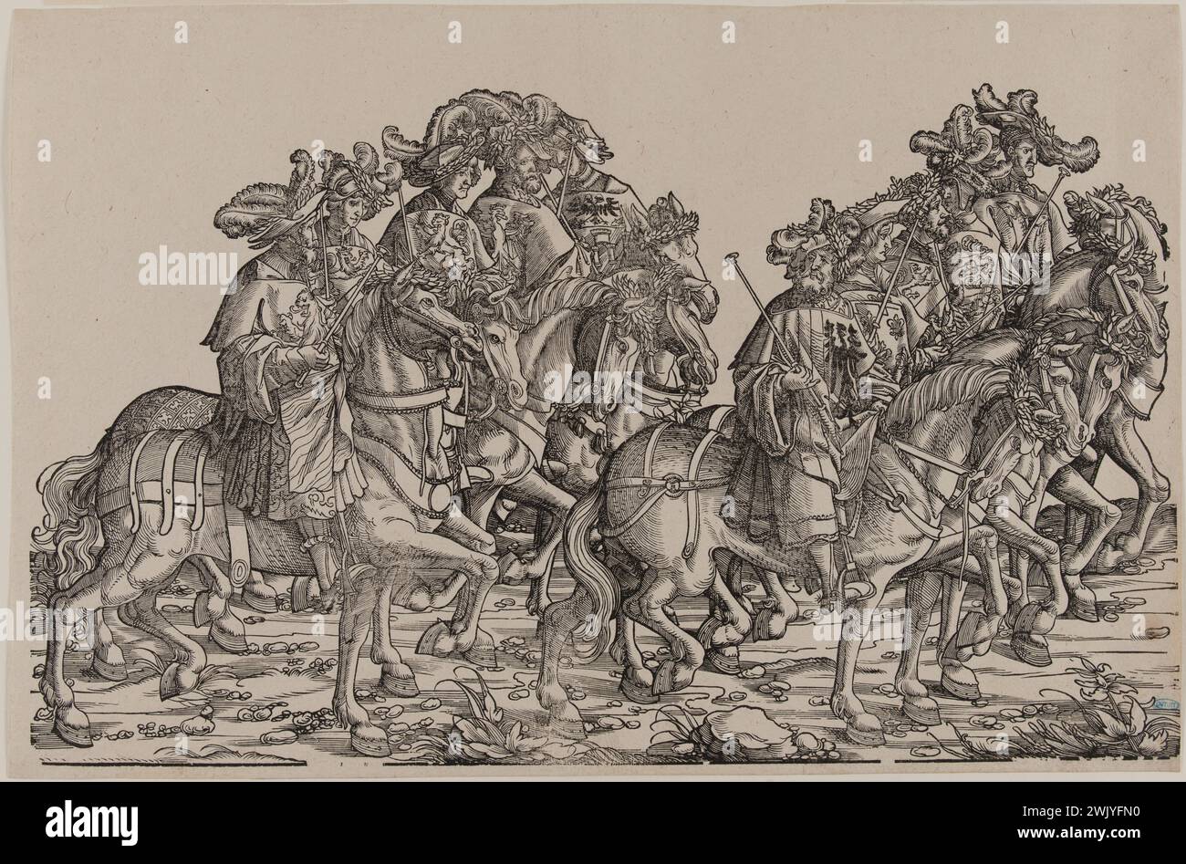 Hans Burgkmair, known as the old (1473-1531). The triumphant procession of the Emperor Maximilien I: Horses on horseback (Dornik-Eger 36, Bartsch 81). Xylography, 1512-1519. Museum of Fine Arts of the City of Paris, Petit Palais. Drawing, emperor, history, illustration, serious board, triumph, 16th 16th XVI 16th 16th 16th century, xylography, engraving Stock Photo