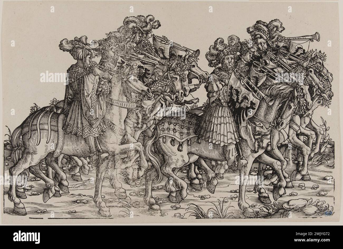 Hans Burgkmair, known as the old (1473-1531). The triumphant procession of the Emperor Maximilien I: Herald with horse trumpets (Dornik-Eger 36, Bartsch 81). Xylography, 1512-1519. Museum of Fine Arts of the City of Paris, Petit Palais. Drawing, emperor, history, illustration, serious board, triumph, 16th 16th XVI 16th 16th 16th century, xylography, engraving Stock Photo