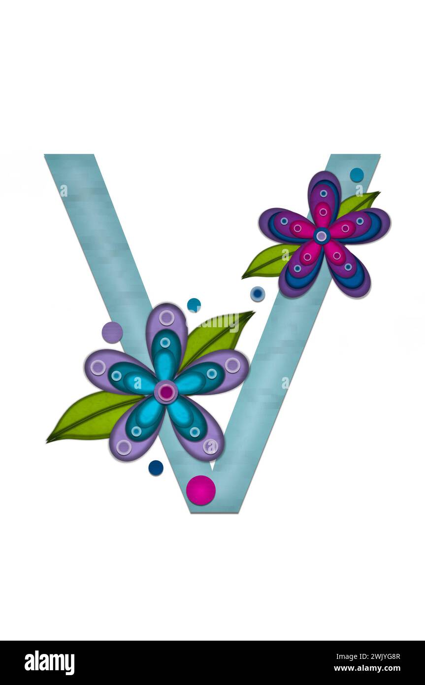 Teal colored letter V, paper style letters are decorated with colorful flowers.  Circles and polka dots are sprinkled on letter. Stock Photo