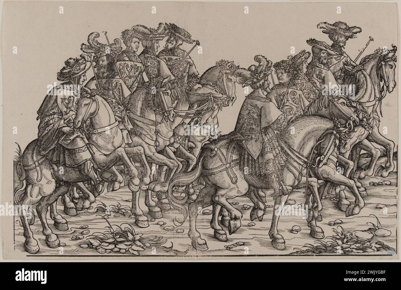 Hans Burgkmair, known as the old (1473-1531). The triumphant procession of the Emperor Maximilien I: Horses on horseback (Dornik-Eger 36, Bartsch 81). Xylography, 1512-1519. Museum of Fine Arts of the City of Paris, Petit Palais. Drawing, emperor, history, illustration, serious board, triumph, 16th 16th XVI 16th 16th 16th century, xylography, engraving Stock Photo