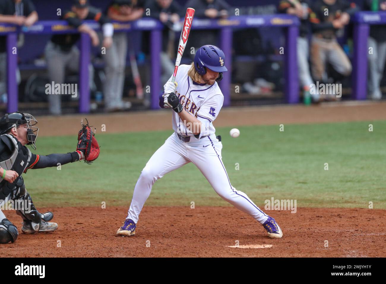 February 16, 2024 LSU's Paxton Kling (28) is almost hit by a pitch