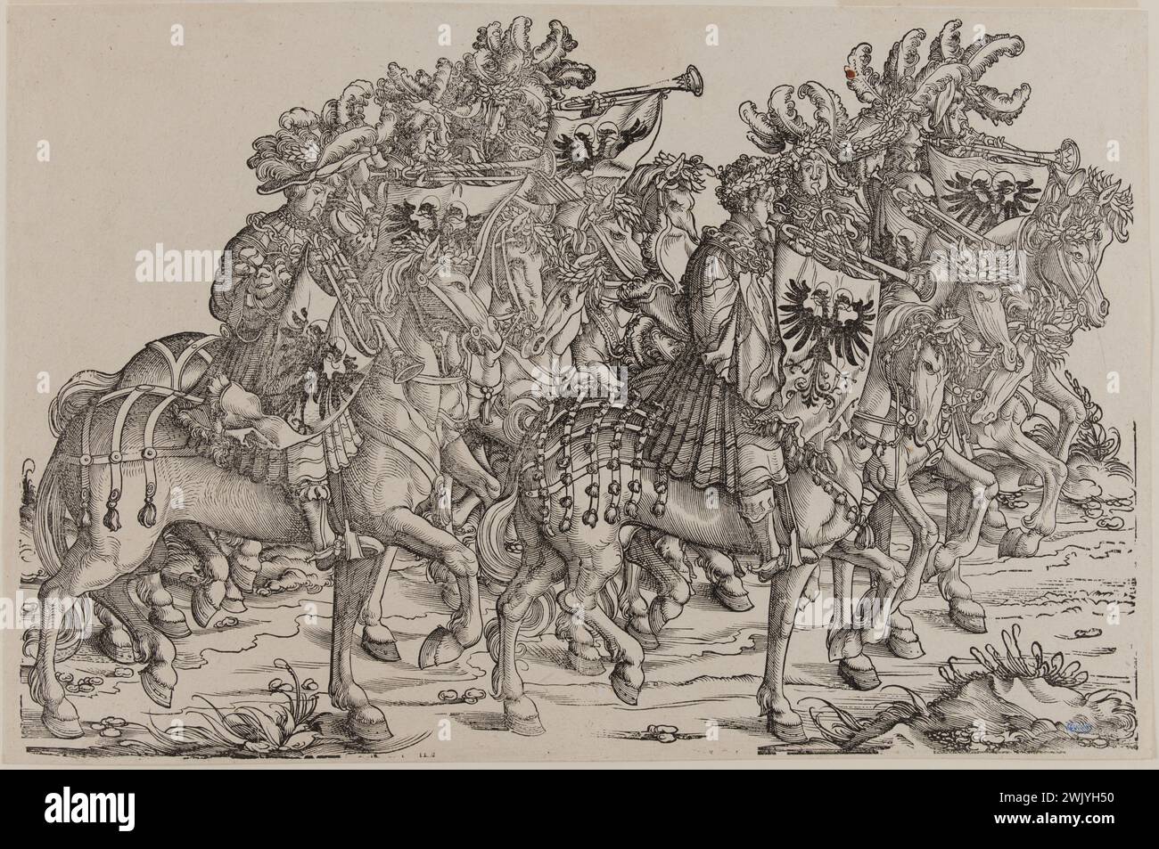Hans Burgkmair, known as the old (1473-1531). The triumphant procession of the Emperor Maximilien I: Herald with horse trumpets (Dornik-Eger 36, Bartsch 81). Xylography, 1512-1519. Museum of Fine Arts of the City of Paris, Petit Palais. Drawing, emperor, history, illustration, serious board, triumph, 16th 16th XVI 16th 16th 16th century, xylography, engraving Stock Photo