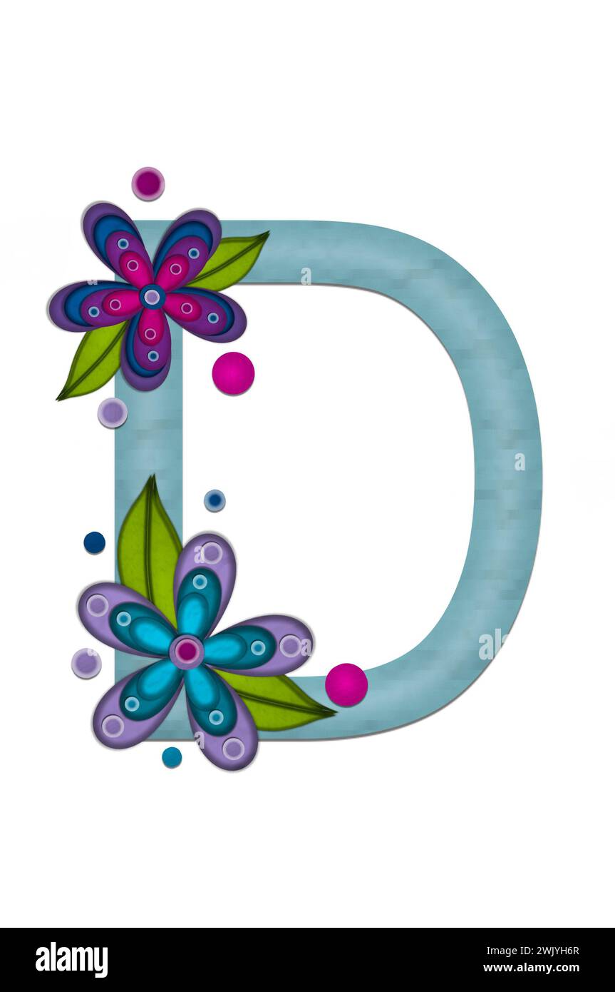 Teal colored letter D, paper style letters are decorated with colorful flowers.  Circles and polka dots are sprinkled on letter. Stock Photo