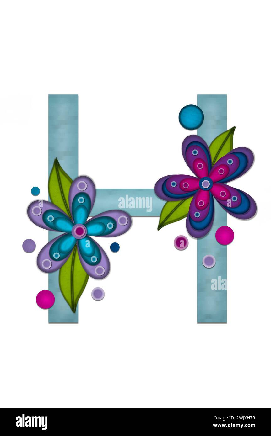 Teal colored letter H, paper style letters are decorated with colorful flowers.  Circles and polka dots are sprinkled on letter. Stock Photo