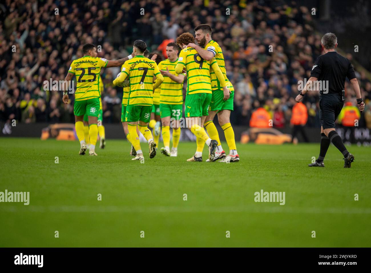Josh Sargent of Norwich City celebrates making it 1-1 with Grant Hanley of Norwich City during the Sky Bet Championship match between Norwich City and Cardiff City at Carrow Road, Norwich on Saturday 17th February 2024. (Photo: David Watts | MI News) Credit: MI News & Sport /Alamy Live News Stock Photo