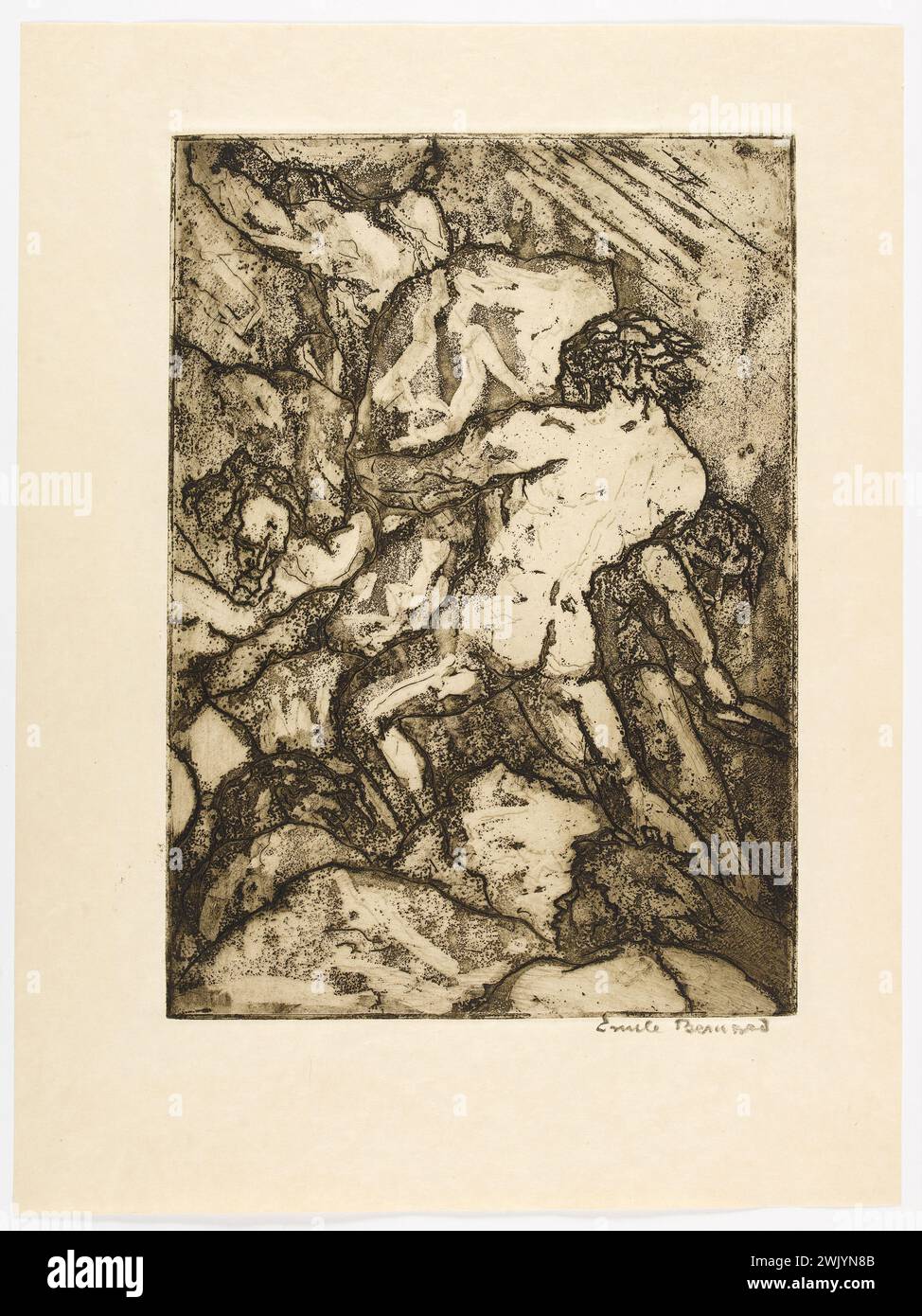 Emile Bernard (1868-1941). Following original etchings, in 1st state on Japan, for 'the end of Satan. First state of etchings. N ° 20.' They had piled up Pinde, Ossa, Pélion '. Etching and Aquatinte. 1935. Paris, house of Victor Hugo. 101108-31 Years thirty 1930 30, aquatinte, drawing, etching, illustration, nudite, litterian work, character Stock Photo