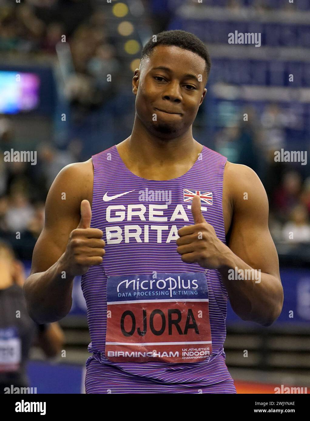 Tade Ojora after winning the 60 m Hurdles Men Final during day one of
