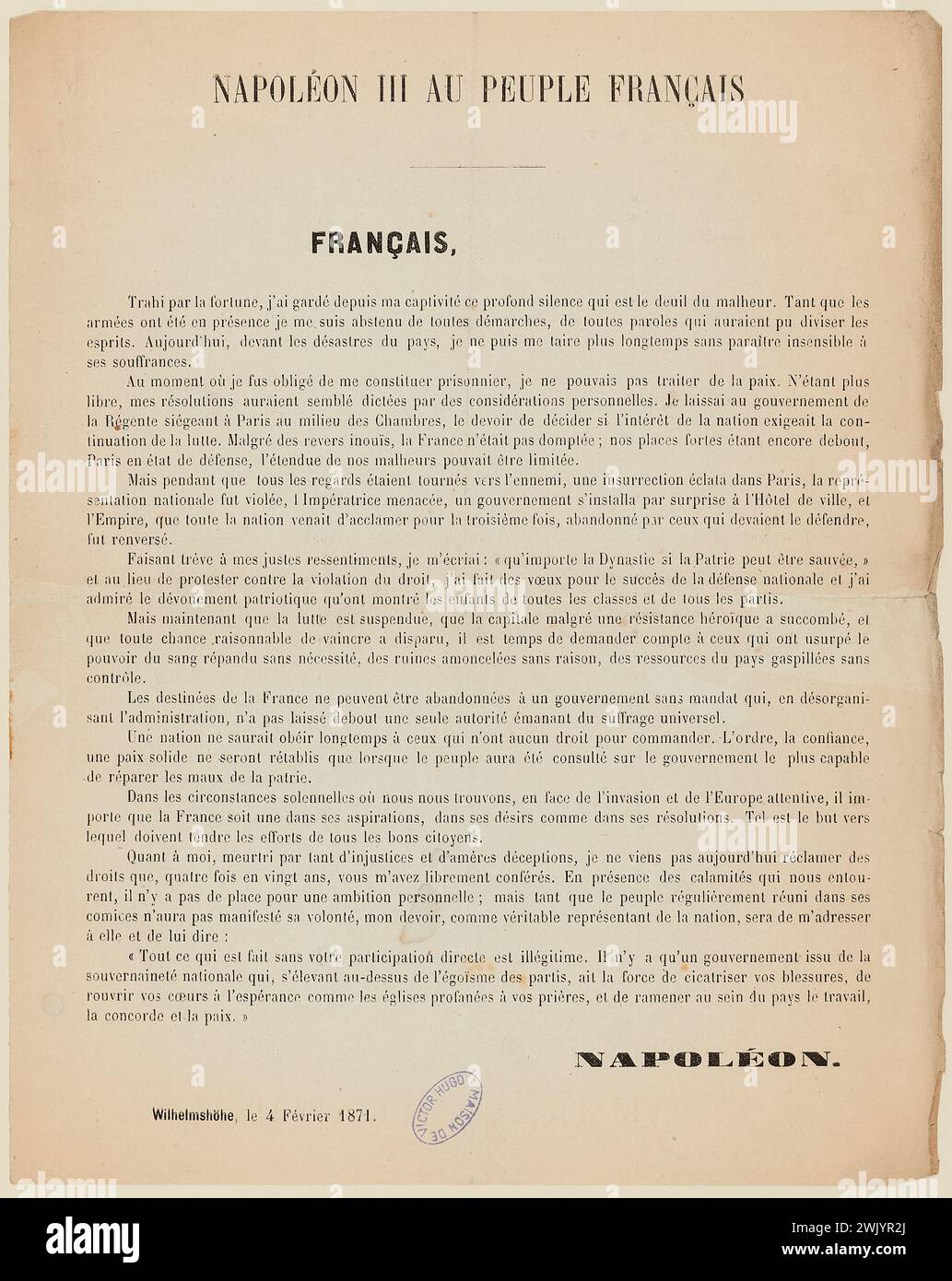 Napoleon III, Emperor of the French (n.1808-08-24-D.1873-01-09), leaflet Napoleon III to the French people, Wilhelmshöhe, February 4, 1971 (dummy title), 1871-02-04. Ink on paper. Houses of Victor Hugo Paris - Guernsey. Stock Photo