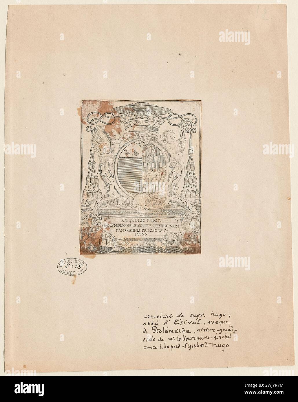 Unknown, coat of arms of Charles Louis Hugo, bishop of Ptolemais, with a handwritten note (dummy title), 1755. Engraving and ink on paper laminated on a map. Houses of Victor Hugo Paris - Guernsey. Stock Photo