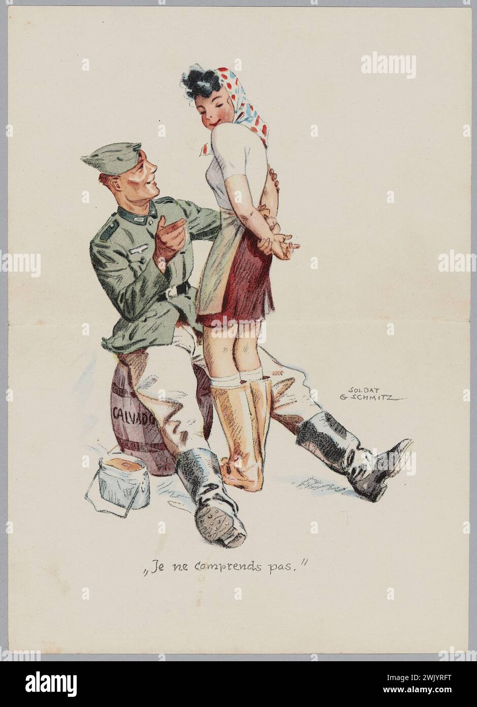 Schmitz, G., Gefreiter (n.1920 - d.), Humorous color illustration: I do not understand. (Title awarded), 1940. Paper, ink. Museum of the Liberation of Paris - General Leclerc Museum - Jean Moulin Museum. Stock Photo