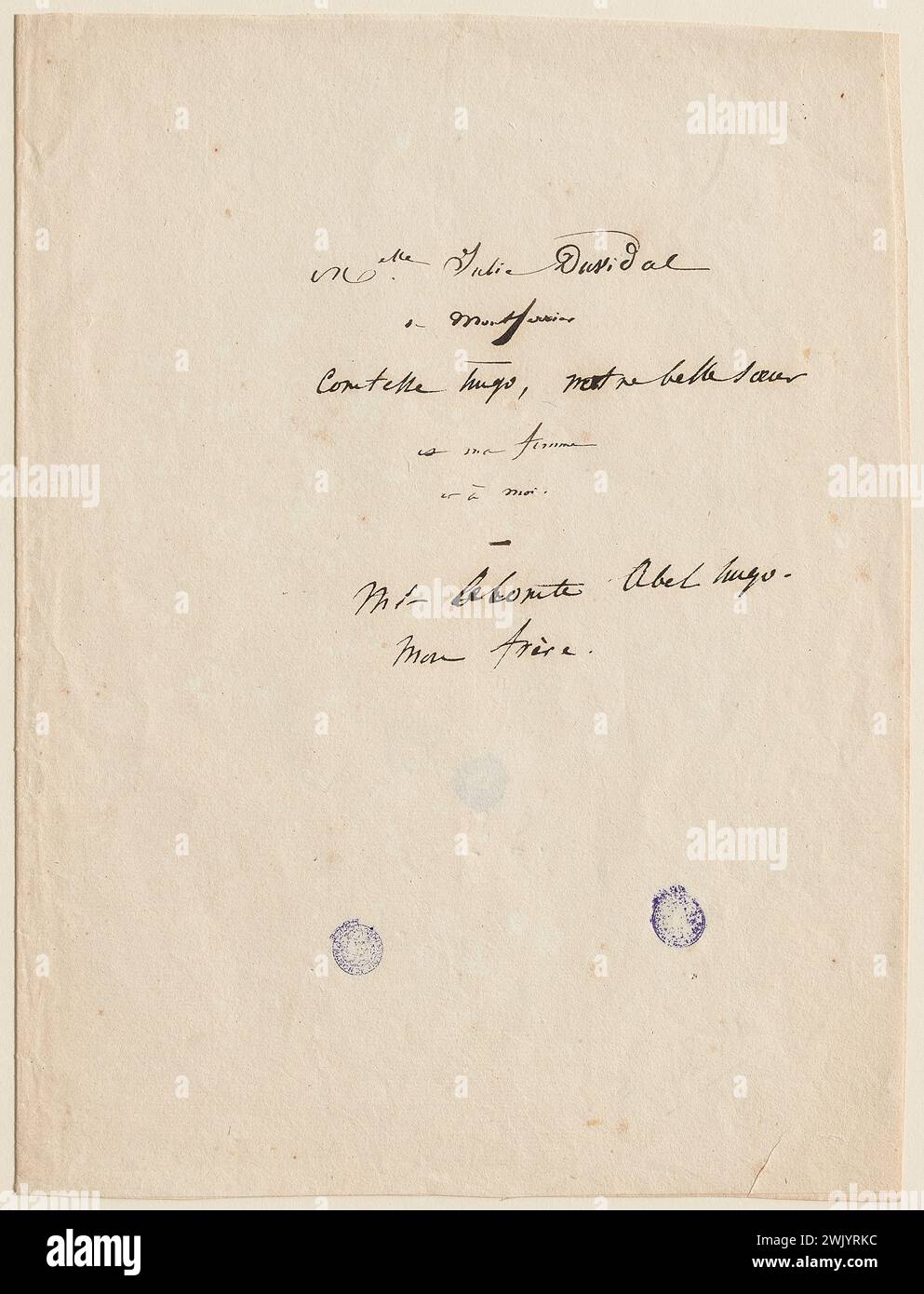 Hugo, Victor (n.1802-02-26-D.1885-05-22), Melle Julie Duvidal de Montferrier classification shirt - comtess Hugo, our sister-in-law to my wife and me - M. le Count Abel Hugo my brother (dummy title). Ink on paper. Houses of Victor Hugo Paris - Guernsey. Stock Photo