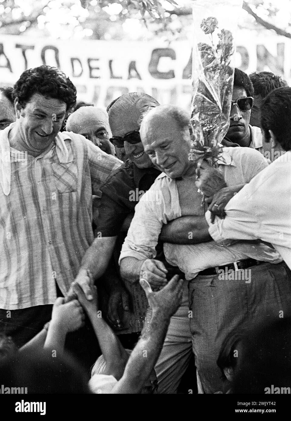 Argentine politicians Vicente Solano Lima (center right) and Héctor José  Cámpora (center left), during the Cámpora-Solano Lima ticket proclamation  for the upcoming general elections, San Antonio de Areco, January 22nd,  1973 Stock