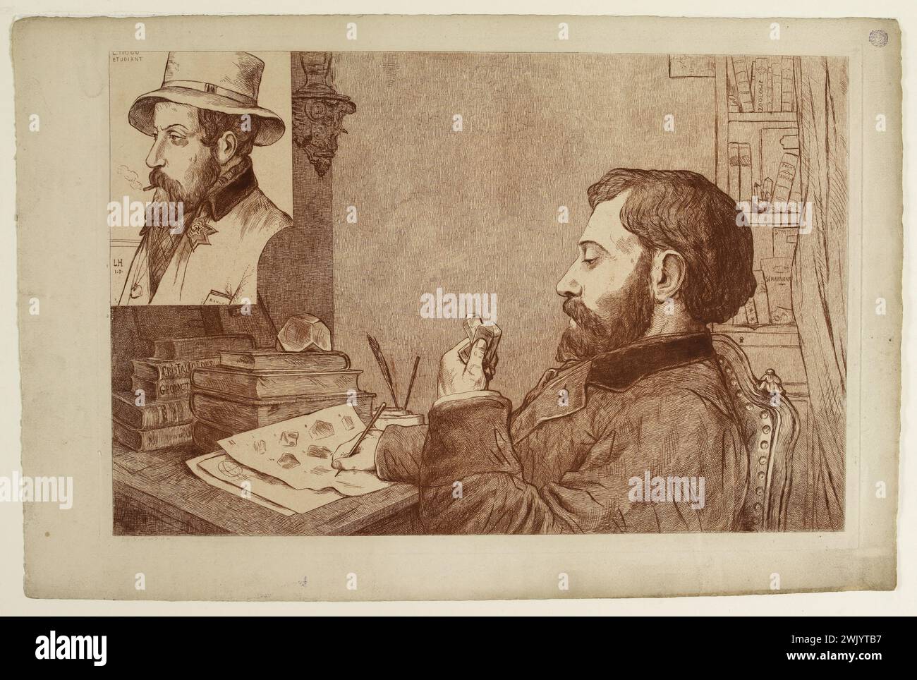 Léopold Armand Hugo (1828-1895), French painter and sculptor. L. Hugo Student. Copper engraving. Paris, house of Victor Hugo. gravure Stock Photo