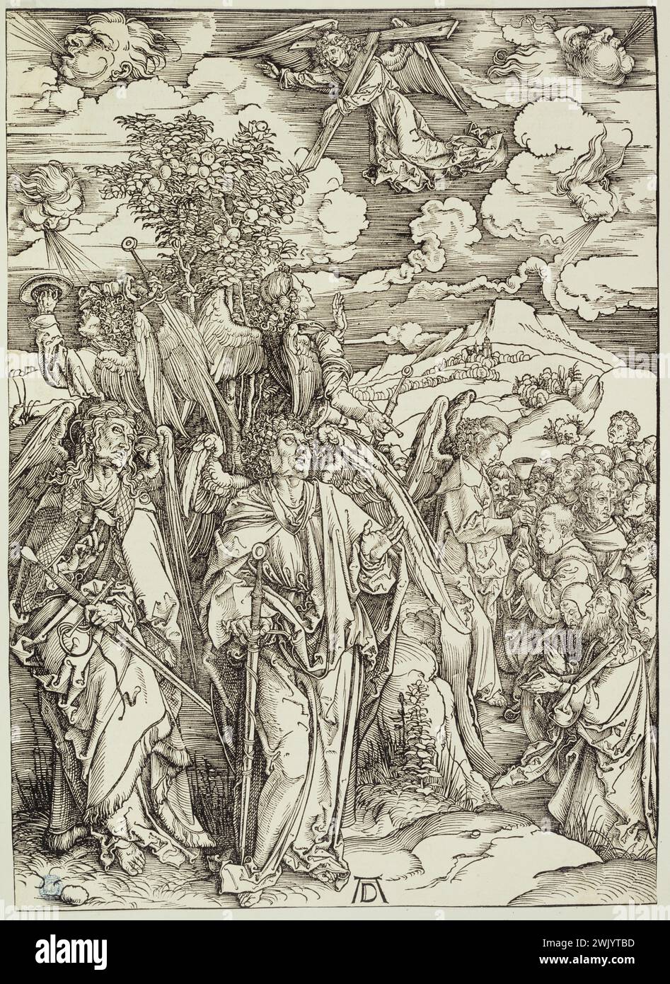 Albrecht Dürer (1471-1528). The apocalypse (German edition): the four angels holding the four winds of the earth (Bartsch 66). 1497. Museum of Fine Arts of the City of Paris, Petit Palais. 77217-7 Angel, Apocalypse, Catholic art, Chretian art, religious art, Christianity, Epee, Gospel according to Saint John, Ailee figure, sword, Holy History, Human, Humanite, Chretian iconography, Religious Iconography, New Testament, Aile character, Biblical character, Prophety , Biblical story, Christian religion, revelation, Renaissance, blow, wind, vision, engraving Stock Photo