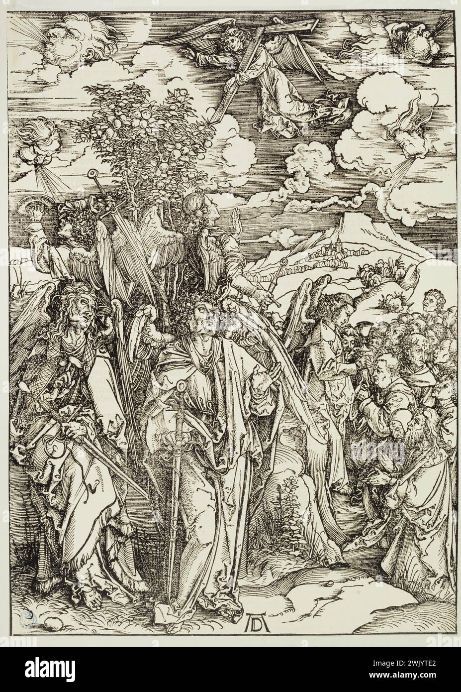 Albrecht Dürer (1471-1528). The apocalypse (Latin edition): the four angels holding the four winds of the earth (Bartsch 66). 1497. Museum of Fine Arts of the City of Paris, Petit Palais. 77217-8 Angel, Apocalypse, Catholic art, Chretian art, religious art, Christianity, Epee, Gospel according to Saint John, Ailee figure, sword, Holy History, Human, Humanite, Chretian iconography, Religious Iconography, New Testament, Aile character, Biblical character, Prophety , Biblical story, Christian religion, revelation, Renaissance, blow, wind, vision, engraving Stock Photo