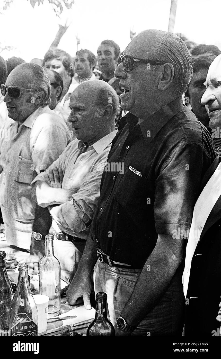 Argentine union leader Lorenzo Miguel (left), Argentine politicians Vicente  Solano Lima (center left) and Héctor José Cámpora (center right), during  the Cámpora-Solano Lima ticket proclamation for the upcoming general  elections, San Antonio