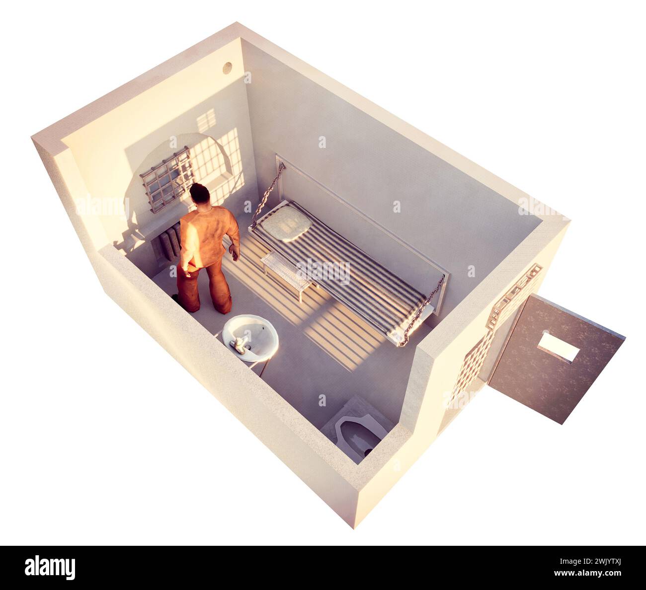 Prison, cell of a North Siberian penitentiary, Kharp prison. Detained inside the cell. Penal colony. 3d rendering Stock Photo