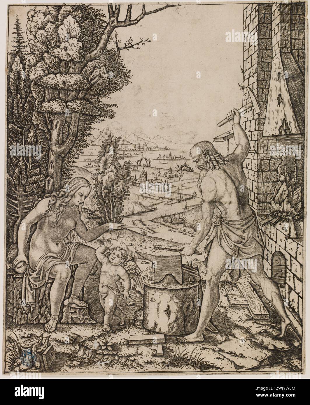 Marc Antoine Raimondi (1480Vers1534). Vulcan, Venus and Love (Bartsch