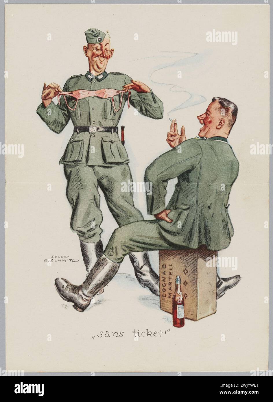 Schmitz, G., Gefreiter (n.1920 - d.), Humorous color illustration: without ticket (attributed title), 1940. Paper, ink. Museum of the Liberation of Paris - General Leclerc Museum - Jean Moulin Museum. Stock Photo