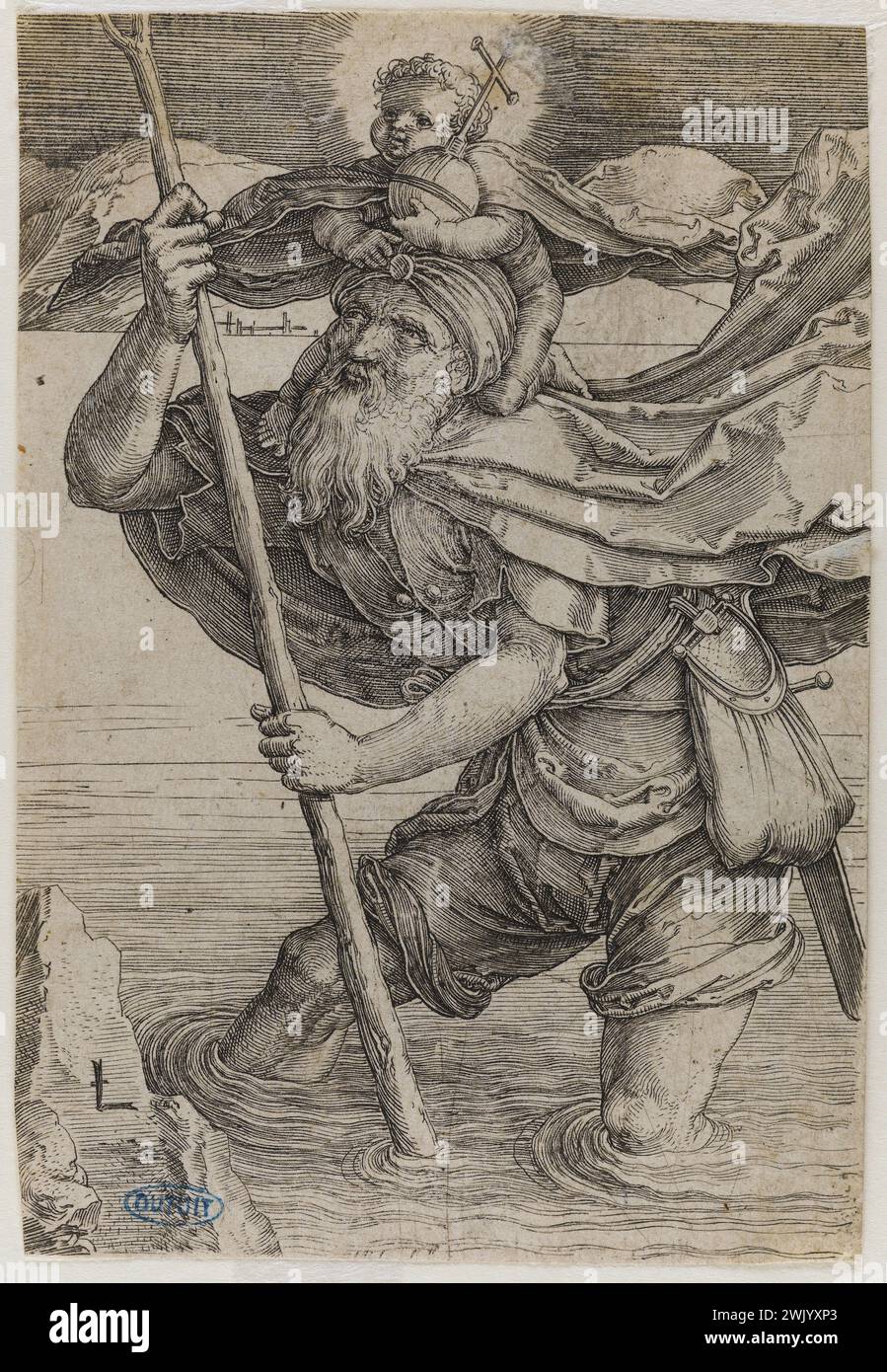 Lucas de Leyde (1494-1533). 'Saint Christophe carrying the child Jesus' - Bartsch 109. 1521. Museum of Fine Arts of the city of Paris, Petit Palais. 73056-7 Religious art, baton, bible, chisel, Christ Savior of the world, Christianity, Ruting, Dutch School, Child, Stampe, Holy History, Bearded Man, Religious Iconography, impression in brief size, Mannerism, New Testament, Work Art , Orb, biblical character, holy character, carrying, biblical, river, salvator mundi, biblical scene, religious scene, life Christ, old man, 8th century VIII 8th 8th 8th 8th arrondissement, 16th XVIth XVI 16th 16th 1 Stock Photo